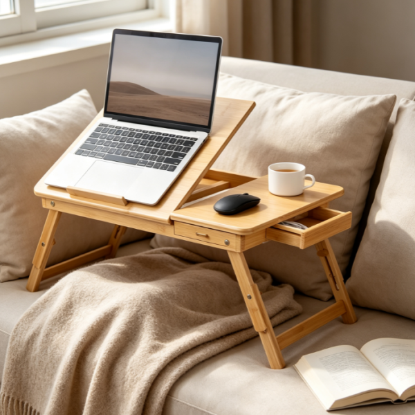 Foldable Bamboo Laptop Desk with Adjustable Height, Angle, Cup Holder and Drawer